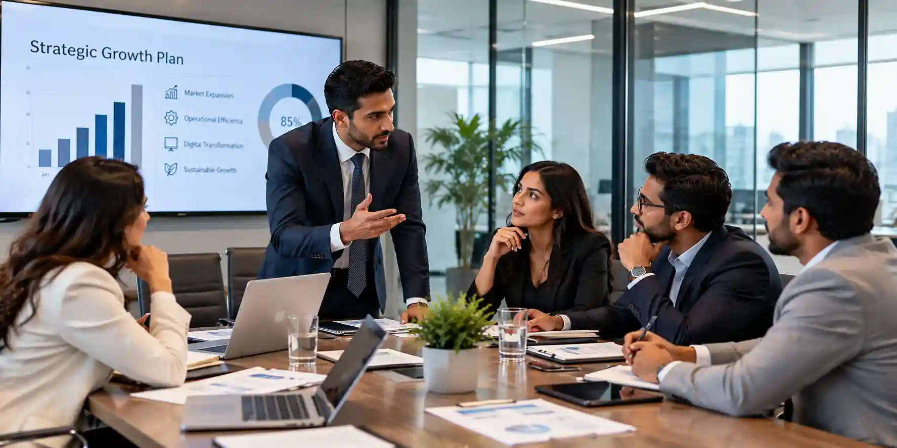 Business professionals discussing strategy
