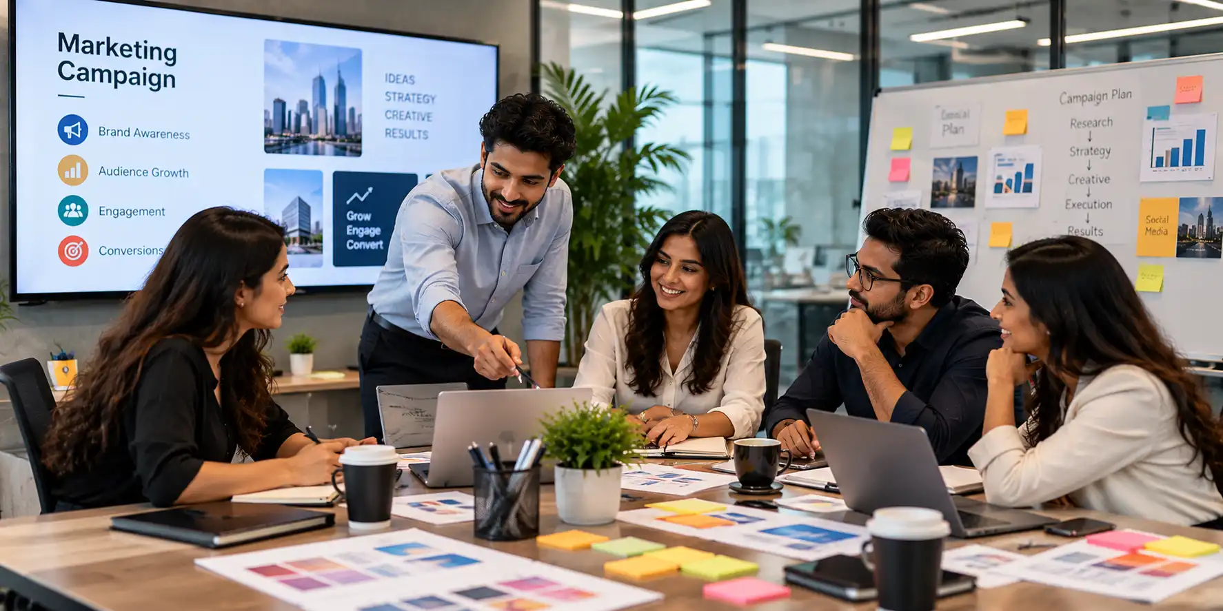 Marketing team collaborating on a campaign