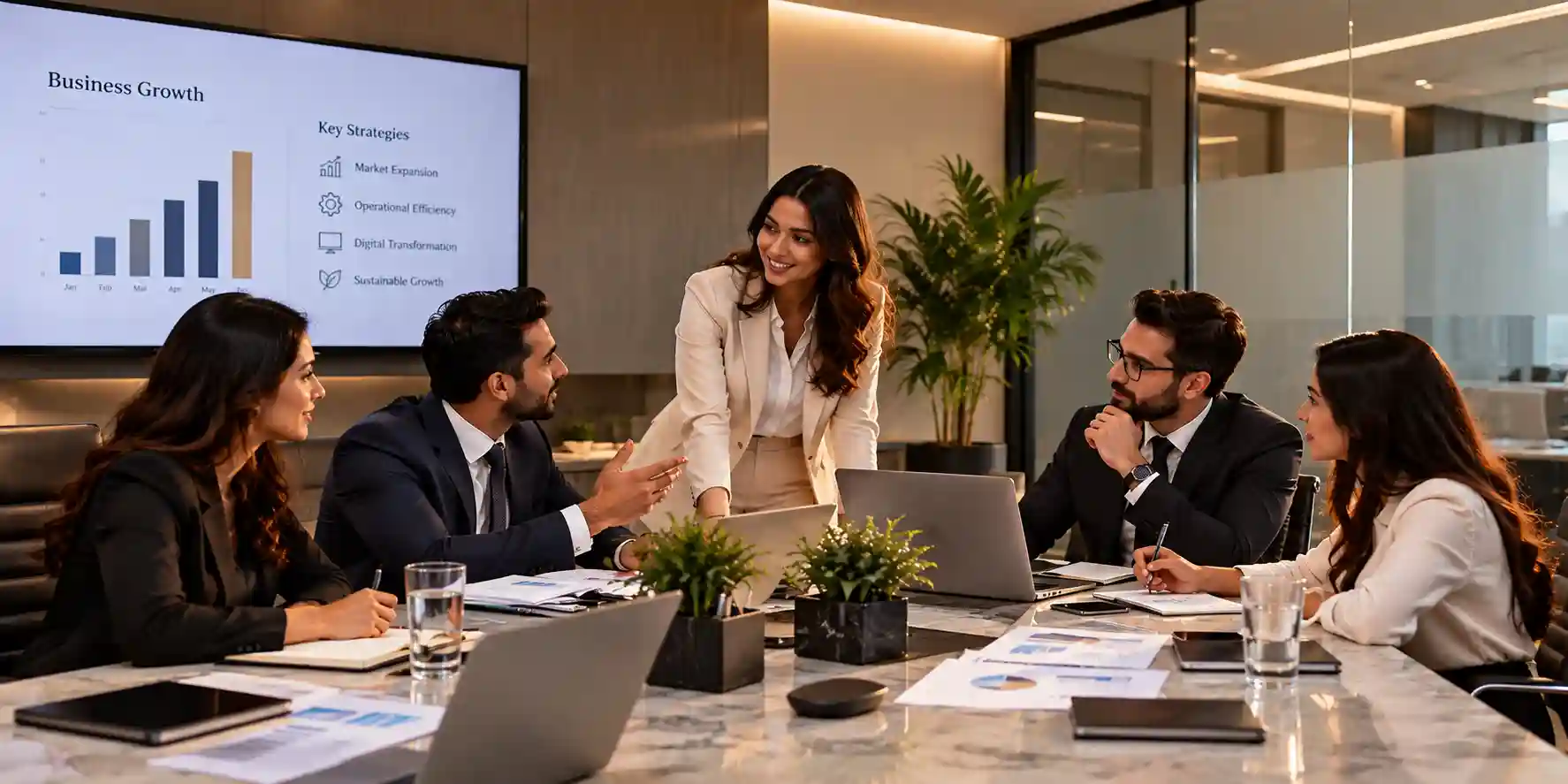 Professionals collaborating in a bright meeting room